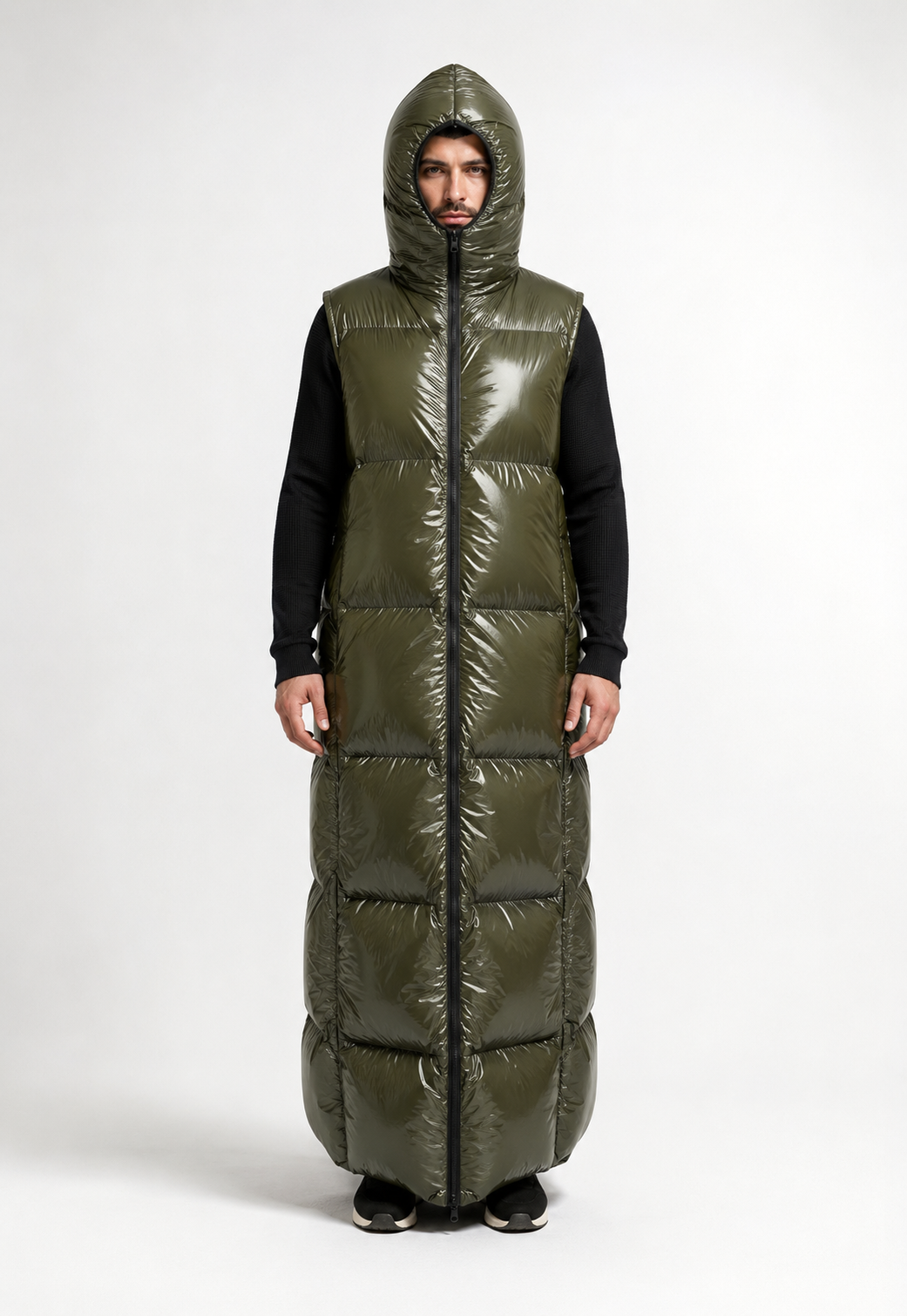 Olive Green Shiny Nylon Hooded Sleeping Bag Coat