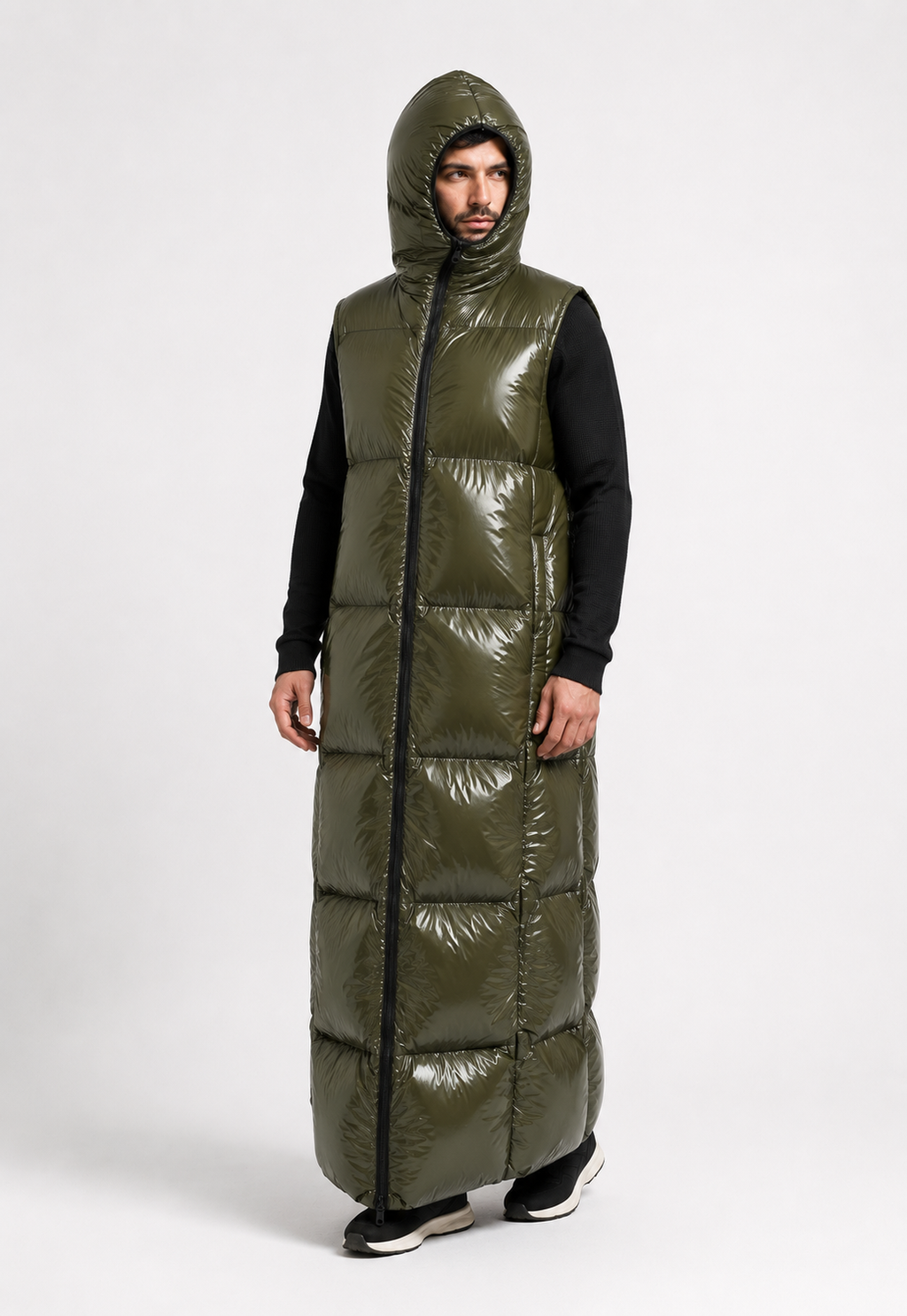 Olive Green Shiny Nylon Hooded Sleeping Bag Coat