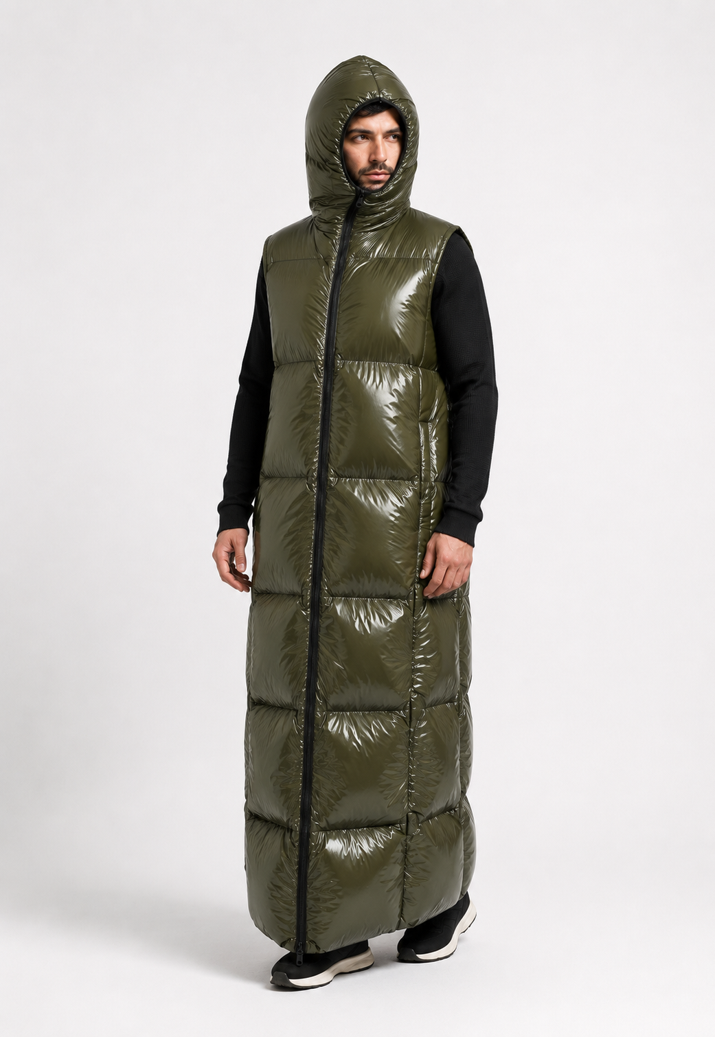Olive Green Shiny Nylon Hooded Sleeping Bag Coat