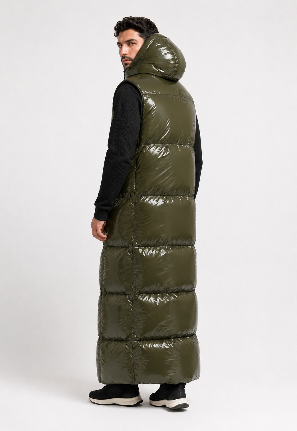 Olive Green Shiny Nylon Hooded Sleeping Bag Coat