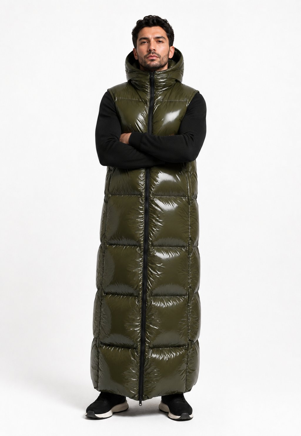 Olive Green Shiny Nylon Hooded Sleeping Bag Coat
