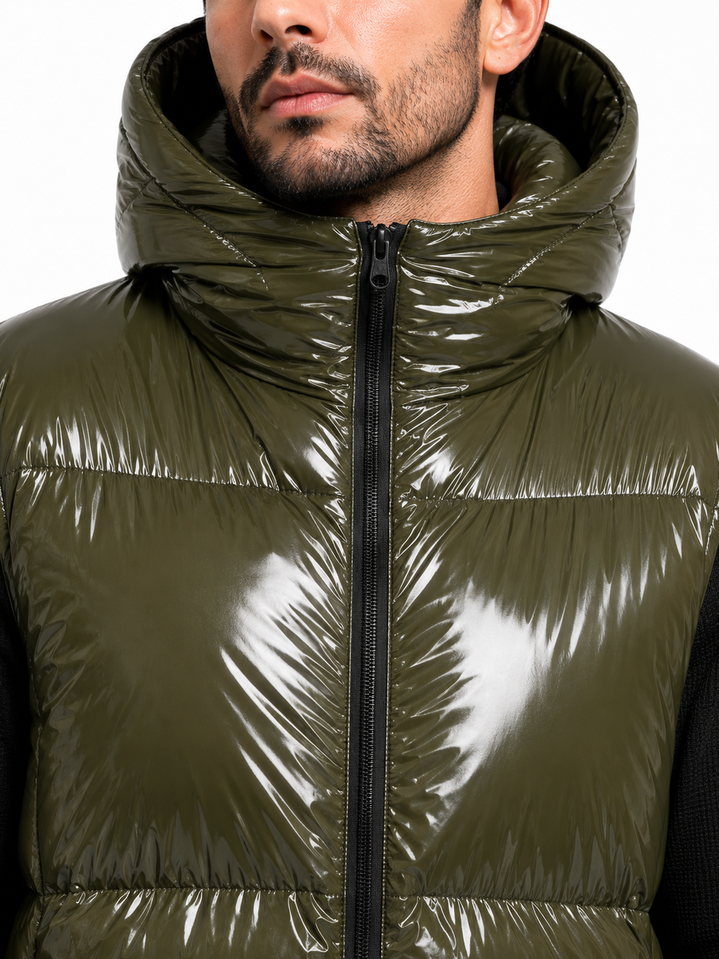Olive Green Shiny Nylon Hooded Sleeping Bag Coat