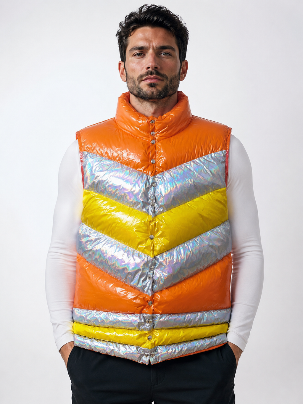 Men’s Shiny Nylon Color Block Quilted Puffer Vest