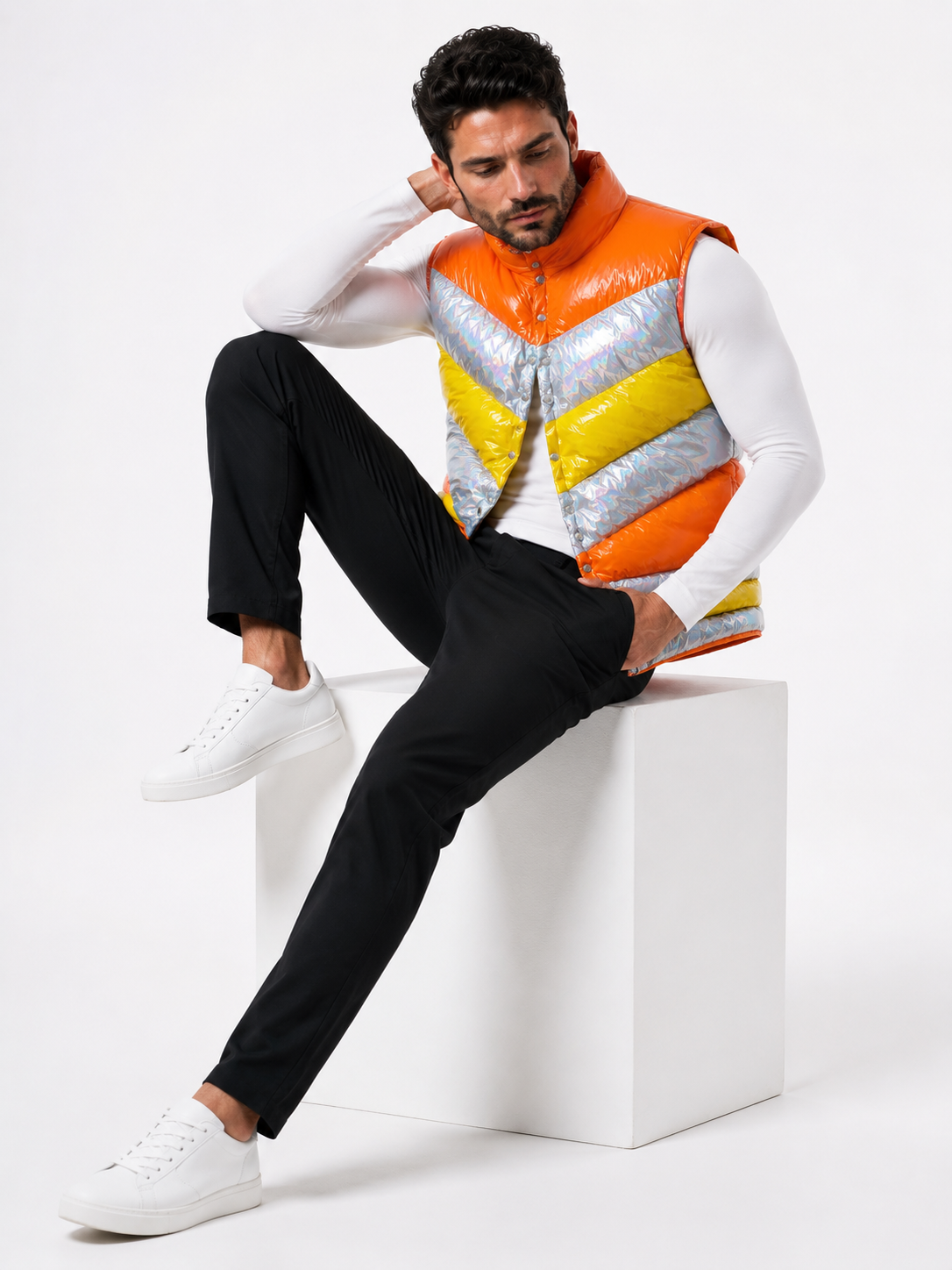 Men’s Shiny Nylon Color Block Quilted Puffer Vest