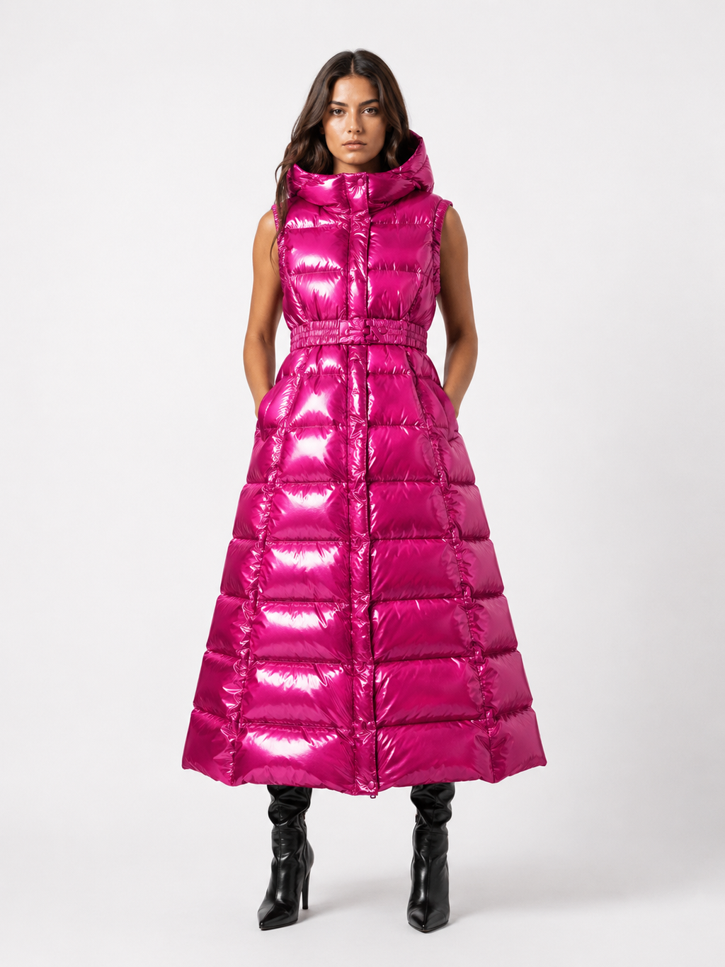 Women’s Hot Pink Shiny Nylon Hooded Long Puffer Vest