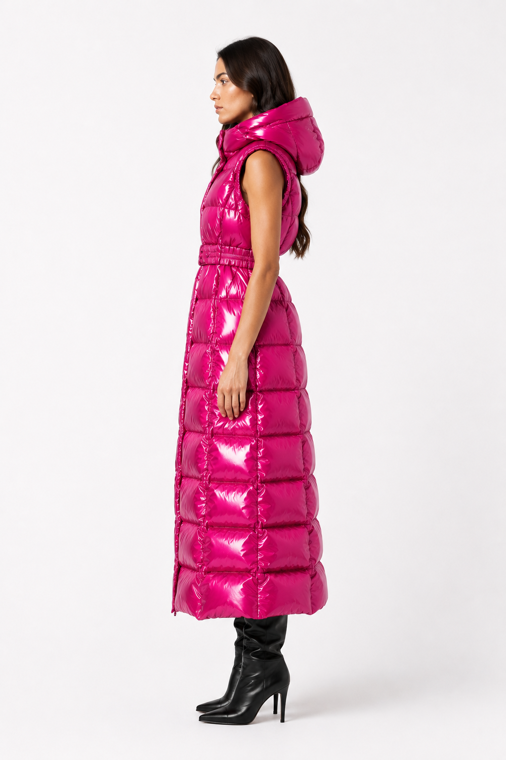 Women’s Hot Pink Shiny Nylon Hooded Long Puffer Vest