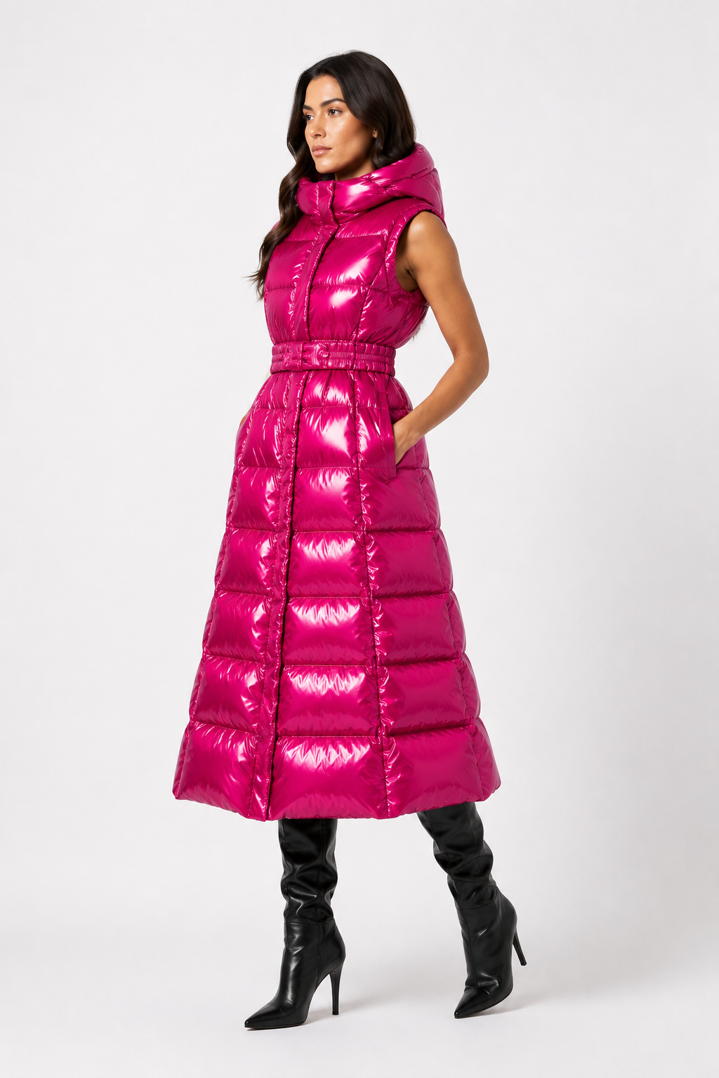 Women’s Hot Pink Shiny Nylon Hooded Long Puffer Vest