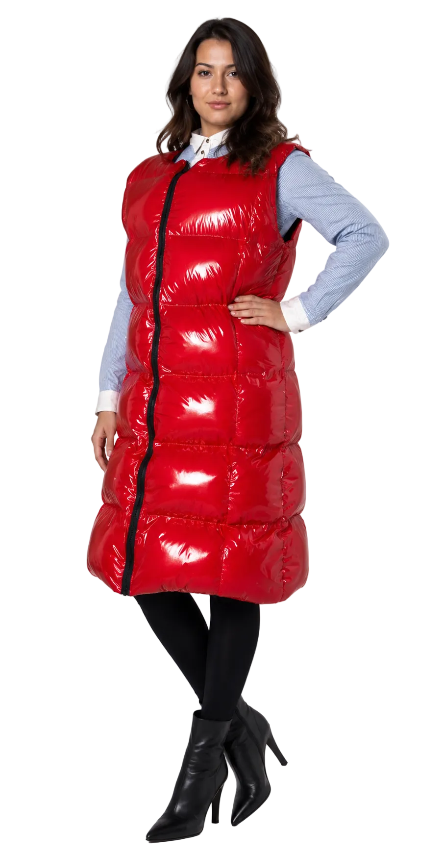 Women’s Red Shiny Nylon Long Sleeveless Puffer Vest