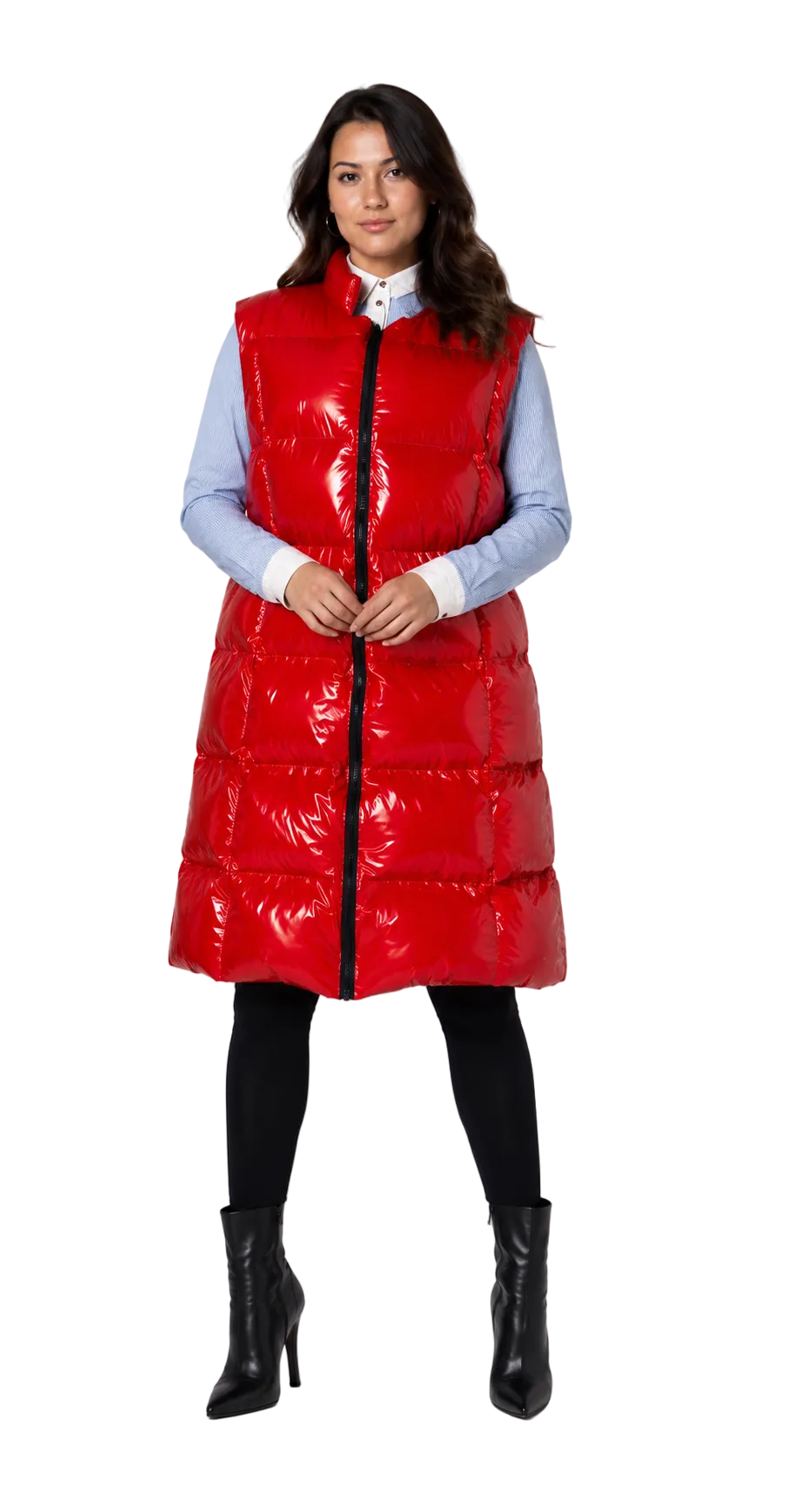 Women’s Red Shiny Nylon Long Sleeveless Puffer Vest
