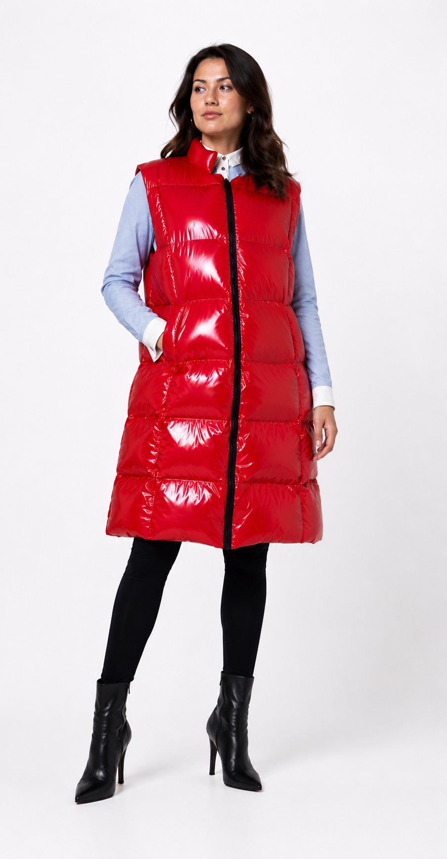 Women’s Red Shiny Nylon Long Sleeveless Puffer Vest
