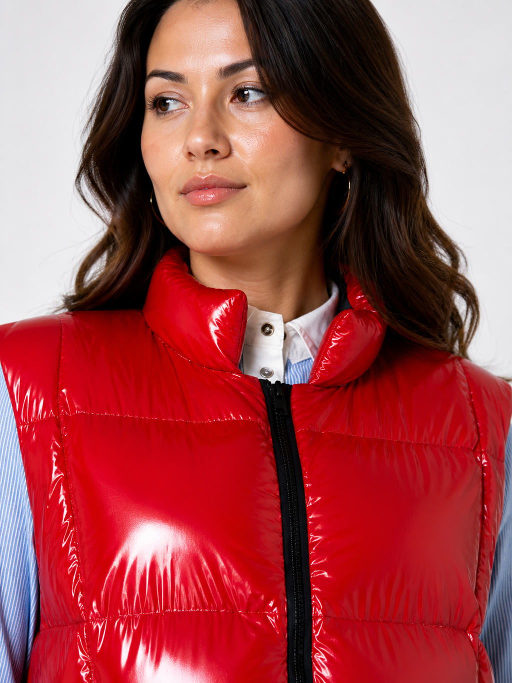 Women’s Red Shiny Nylon Long Sleeveless Puffer Vest