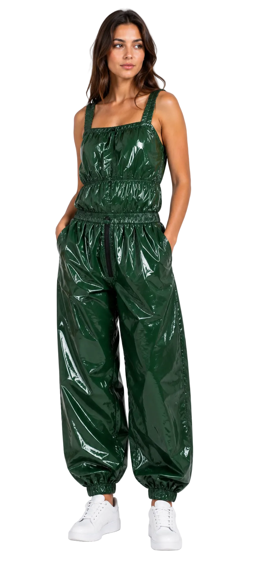 Women’s Forest Green Shiny Nylon Sleeveless Jumpsuit
