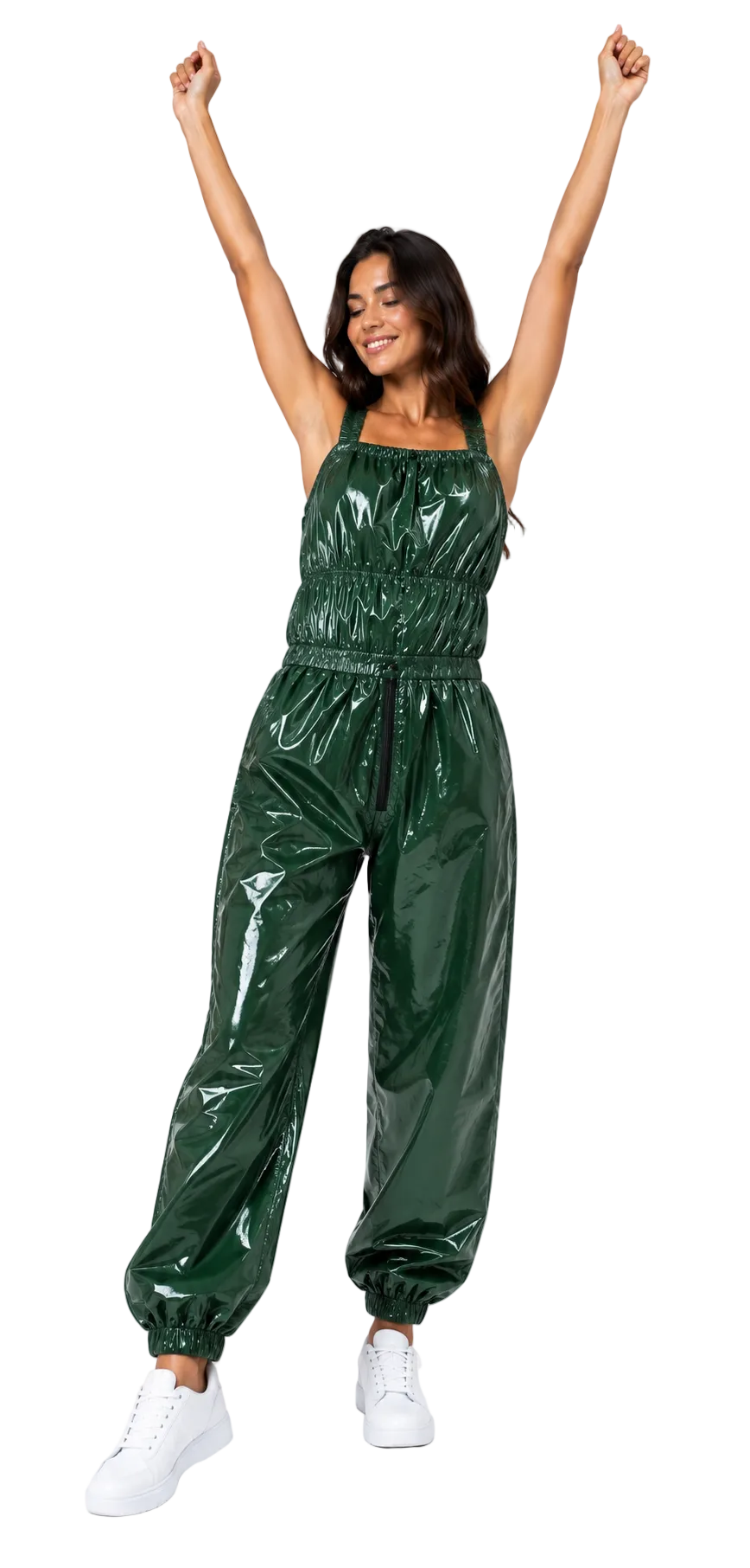 Women’s Forest Green Shiny Nylon Sleeveless Jumpsuit