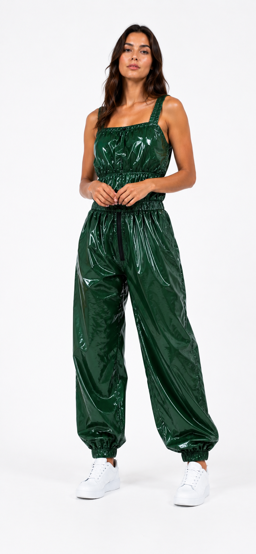 Women’s Forest Green Shiny Nylon Sleeveless Jumpsuit