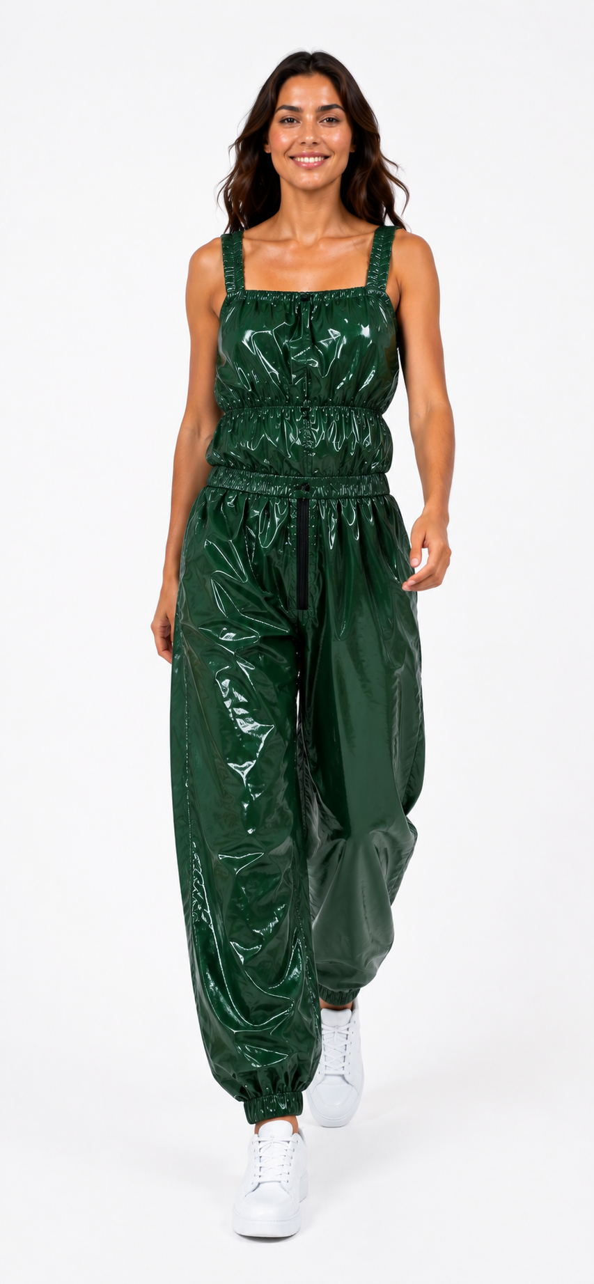 Women’s Forest Green Shiny Nylon Sleeveless Jumpsuit