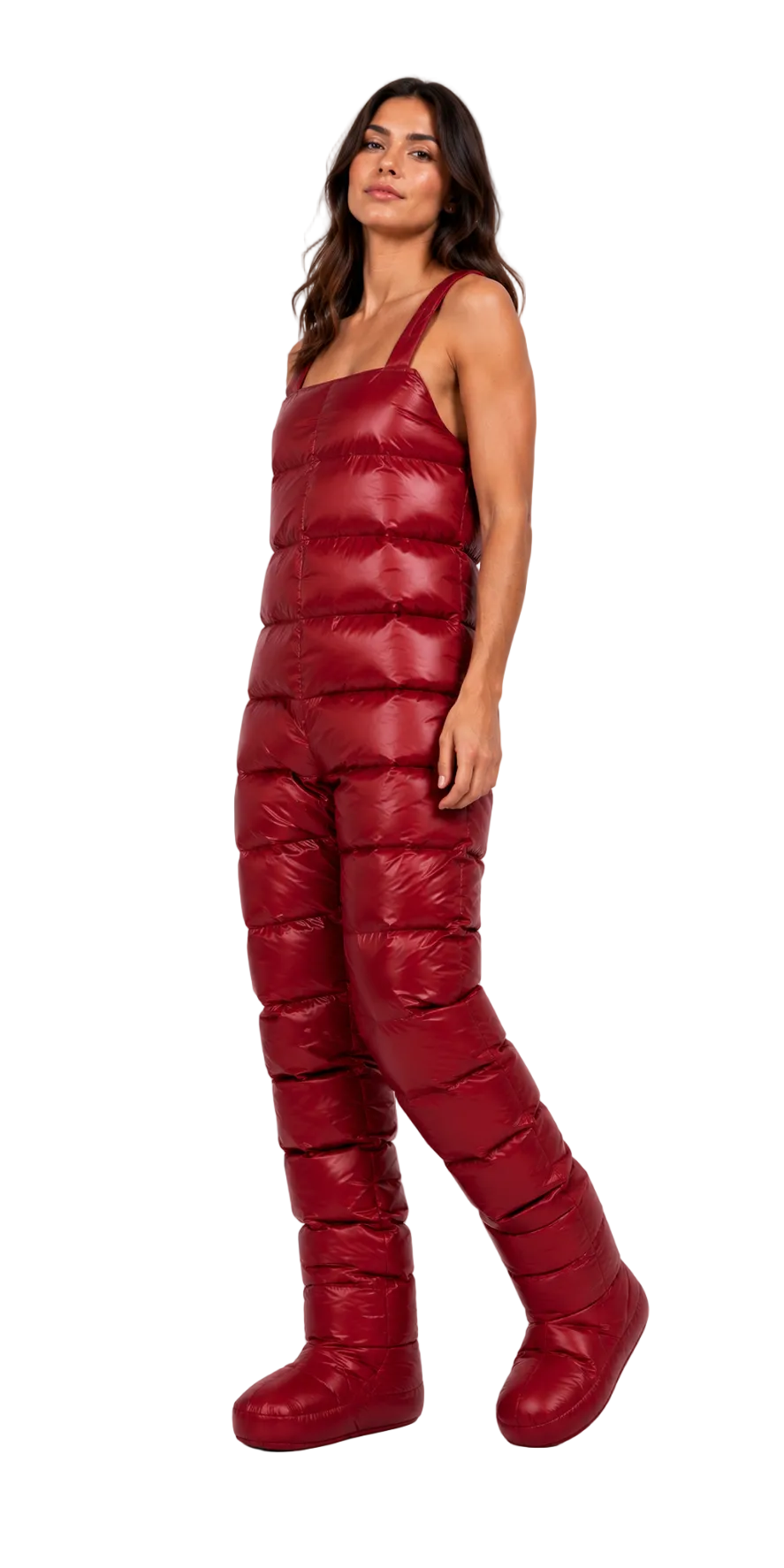 Women’s Burgundy Shiny Nylon Insulated Puffer Jumpsuit