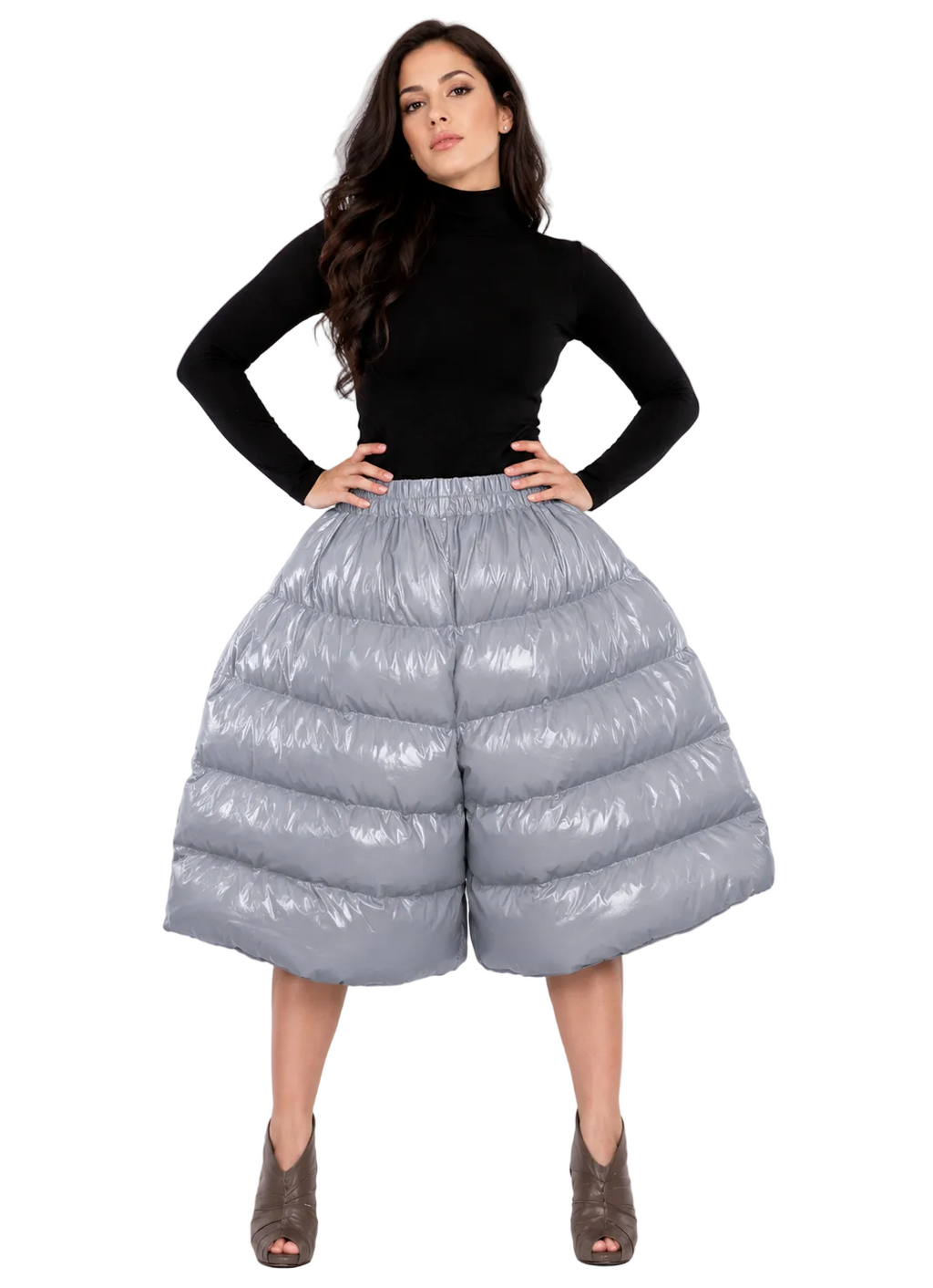 Women’s Silver Shiny Quilted Puffer Shorts