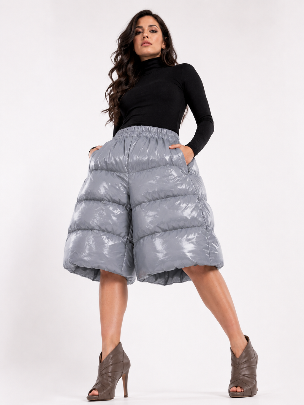Women’s Silver Shiny Quilted Puffer Shorts