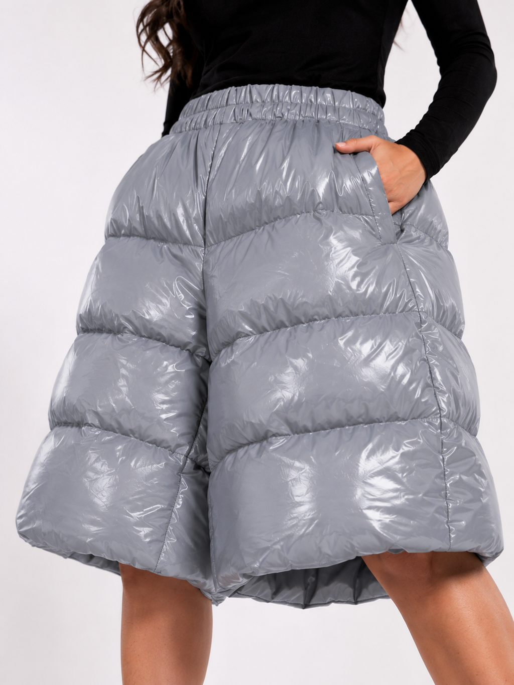 Women’s Silver Shiny Quilted Puffer Shorts