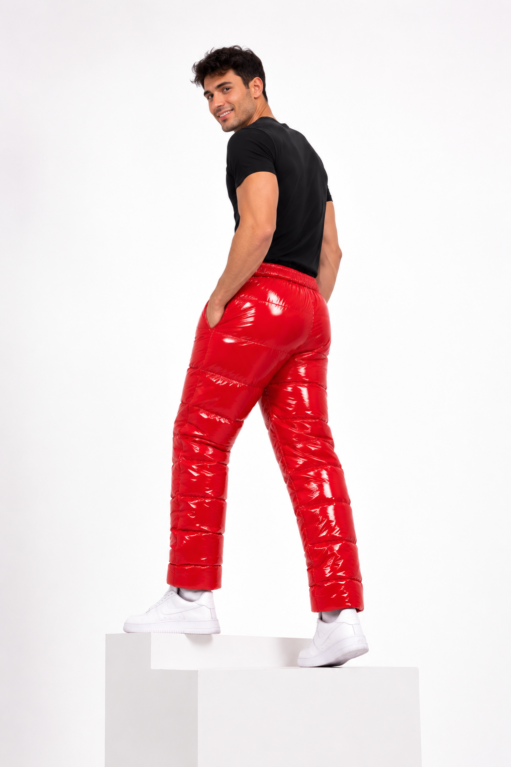 Red Shiny Nylon Insulated Puffer Pants
