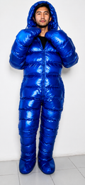 Metallic Blue Shiny Nylon Puffer Jumpsuit
