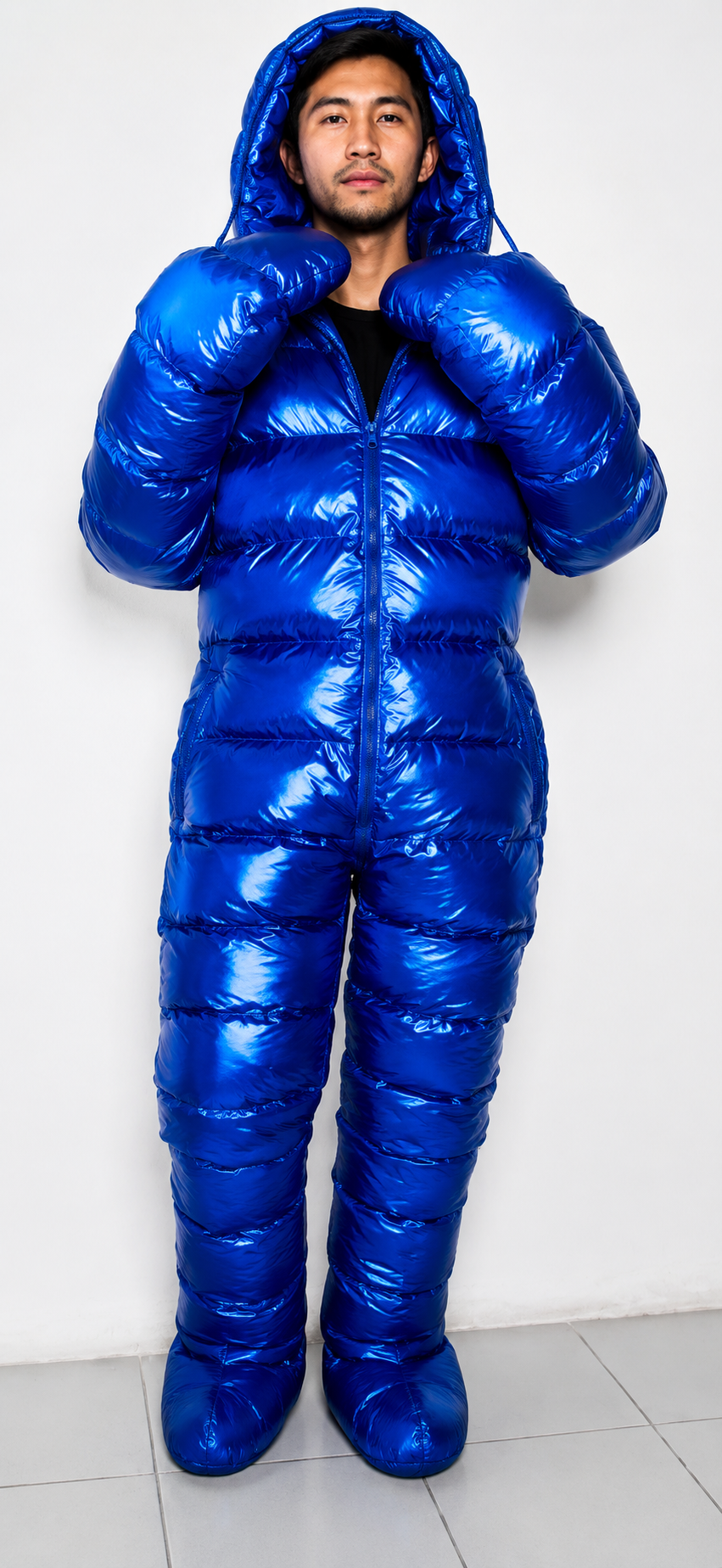 Metallic Blue Shiny Nylon Puffer Jumpsuit