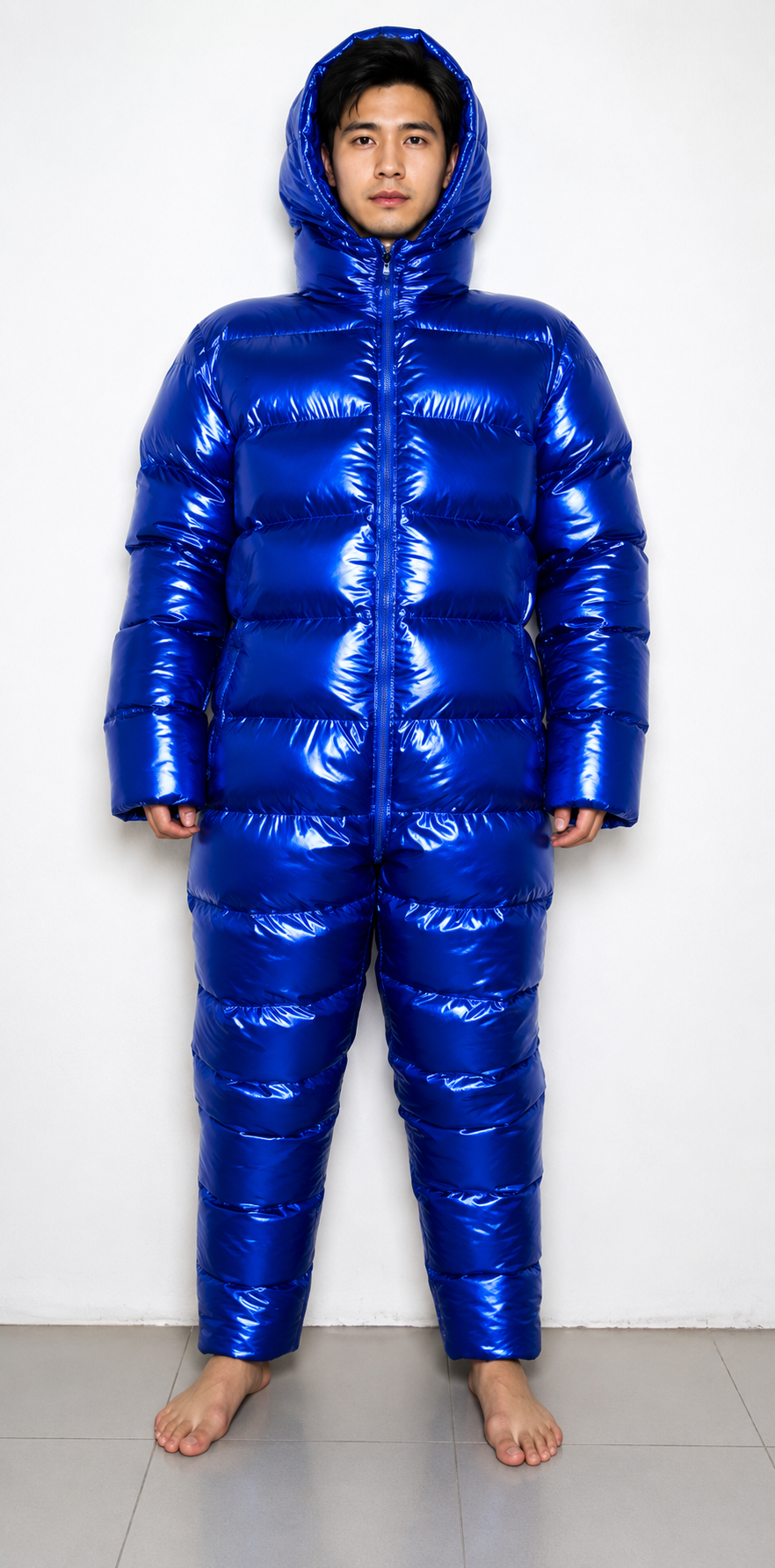 Metallic Blue Shiny Nylon Puffer Jumpsuit
