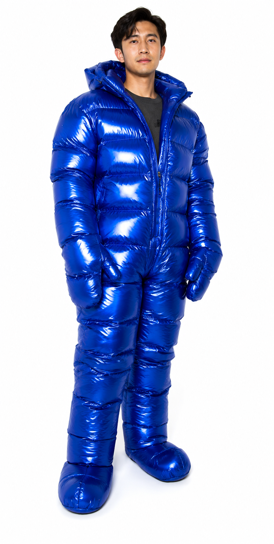 Metallic Blue Shiny Nylon Puffer Jumpsuit