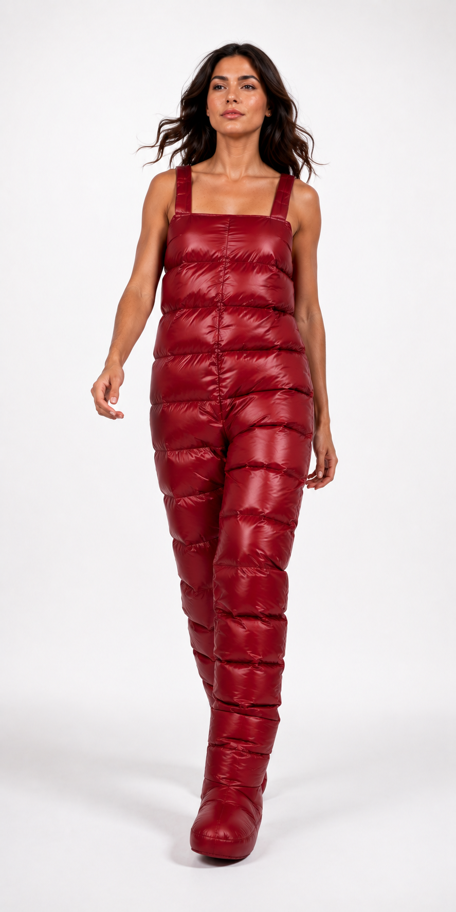 Women’s Burgundy Shiny Nylon Insulated Puffer Jumpsuit