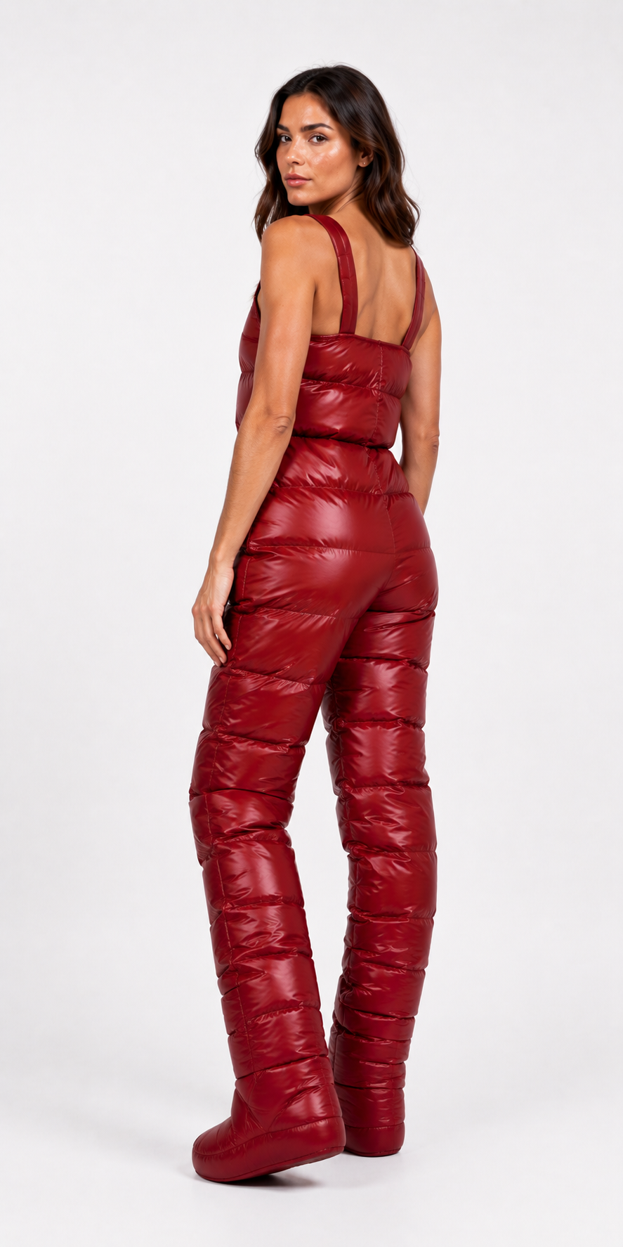 Women’s Burgundy Shiny Nylon Insulated Puffer Jumpsuit